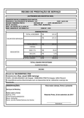 RECIBO DE PRESTAÇÃO DE SERVIÇO
(AUTÔNOMOS NÃO INSCRITOS/ INSS)
JENNIFER RAFAELA BARBOSA DOS SANTOS
ENDEREÇO: RUA PRUDENTE DE MORAES, 1357 CEP: 14015-100
CIDADE: RIBEIRÃO PRETO ESTADO: SP CPF: 385.905.218-77
RG Nº: 46145523 INSC. PREF. MUNICIPAL:
INSC. NO ÓRGÃO DE CLASSE Nº:
INSC. INSS/PIS Nº: 207.85992.70-1 CBO Nº: 5191
DEMONSTRATIVO
VALOR DOS SERVIÇOS
TOTAL A RECEBER 231,21R$
231,21R$
TOTAL BRUTO 231,21R$
DESCONTOS
I.RENDA
INSS 11% 25,43R$
ISS 2,5% 5,78R$
TOTAL DE DESCONTOS 31,21R$
TOTAL LÍQUIDO 200,00R$
TOTAL LÍQUIDO POR EXTENSO
DUZENTOS REAIS
RECIBO
Recebi da OA EVENTOS LTDA
Estabelecida à Rua: Javari 3099- Ipiranga
CNPJ: 20.005.659/0001-48 Cidade : RIBEIRÃO PRETO Estado: SÃO PAULO
A importância acima discriminada com os descontos de lei, referente a serviço de
promoção.
OBSERVAÇÕES: Para maior clareza, firmo o presente
Serviços de Motoboy
_______________________________
Assinatura
Dados sobre a Conta
Agência: 3742 Ribeirão Preto, 25 de setembro de 2017
Conta Poupança:600253723
Banco: Santander
Nome: Jennifer Rafaela Barbosa dos Santos
 