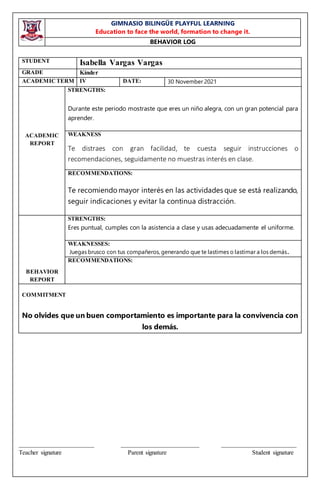 GIMNASIO BILINGÜE PLAYFUL LEARNING
Education to face the world, formation to change it.
BEHAVIOR LOG
________________________ _________________________ ________________________
Teacher signature Parent signature Student signature
STUDENT Isabella Vargas Vargas
GRADE Kínder
ACADEMICTERM IV DATE: 30 November 2021
ACADEMIC
REPORT
STRENGTHS:
Durante este periodo mostraste que eres un niño alegra, con un gran potencial para
aprender.
WEAKNESS
Te distraes con gran facilidad, te cuesta seguir instrucciones o
recomendaciones, seguidamente no muestras interés en clase.
RECOMMENDATIONS:
Te recomiendo mayor interés en las actividades que se está realizando,
seguir indicaciones y evitar la continua distracción.
BEHAVIOR
REPORT
STRENGTHS:
Eres puntual, cumples con la asistencia a clase y usas adecuadamente el uniforme.
WEAKNESSES:
Juegas brusco con tus compañeros, generando que te lastimes o lastimar a los demás.
RECOMMENDATIONS:
COMMITMENT
No olvides que un buen comportamiento es importante para la convivencia con
los demás.
 