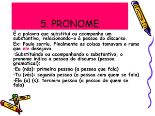 5. PRONOME
É a palavra que substitui ou acompanha um
substantivo, relacionando-o à pessoa do discurso.
Ex: Paulo sorriu. Finalmente as coisas tomavam o rumo
que ele desejava.
•Substituindo ou acompanhando o substantivo, o
pronome indica a pessoa do discurso (pessoa
gramatical):
•Eu (nós): primeira pessoa (a pessoa que fala)
•Tu (vós): segunda pessoa (a pessoa com quem se fala)
•Ele (a) (s): terceira pessoa (a pessoa de quem se
fala)
 