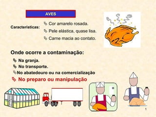    No transporte.    Na granja. No abatedouro ou na comercialização    No preparo ou manipulação     Cor amarelo rosada.    Carne macia ao contato.    Pele elástica, quase lisa. AVES Onde ocorre a contaminação: Características: 