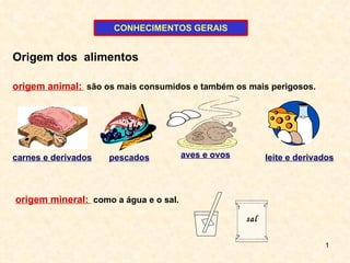 origem animal:   são os mais consumidos e também os mais perigosos. carnes e derivados pescados aves e ovos leite e derivados origem mineral:   como a água e o sal. Origem dos  alimentos CONHECIMENTOS   GERAIS sal 