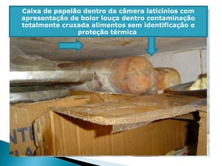 Caixa de papelão dentro da câmera laticínios com
apresentação de bolor louça dentro contaminação
totalmente cruzada alimentos sem identificação e
proteção térmica
 