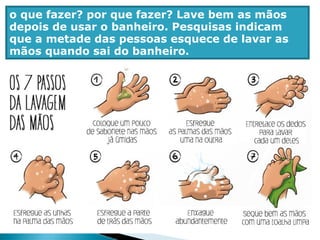 o que fazer? por que fazer? Lave bem as mãos
depois de usar o banheiro. Pesquisas indicam
que a metade das pessoas esquece de lavar as
mãos quando sai do banheiro.
 