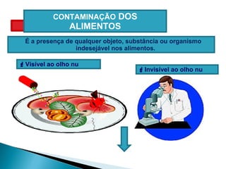 CONTAMINAÇÃO DOS
ALIMENTOS
É a presença de qualquer objeto, substância ou organismo
indesejável nos alimentos.
Visível ao olho nu
Invisível ao olho nu
 