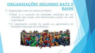  Organização como um Sistema de Papéis
 Papel é o conjunto de atividades solicitadas de um
individuo que ocupa uma determinada posição em uma
organização.
 A organização consiste de papéis ou aglomerados de
atividades esperadas dos indivíduos.
ORGANIZAÇÕES SEGUNDO KATZ E
KAHN
 