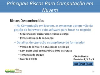 Principais	
  Riscos	
  Para	
  Computação	
  em	
  
                   Nuvem	
  
 Riscos	
  Desconhecidos	
  
    – 	
  Na	
  Computação	
  em	
  Nuvem,	
  as	
  empresas	
  abrem	
  mão	
  da	
  
    gestão	
  do	
  hardware	
  e	
  do	
  soeware	
  para	
  focar	
  no	
  negócio	
  
        • 	
  Segurança	
  por	
  obscuridade	
  e	
  baixo	
  esforço	
  
        • 	
  Perde	
  controles	
  de	
  segurança	
  
    – 	
  Detalhes	
  de	
  operação	
  e	
  compliance	
  do	
  fornecedor	
  
        • 	
  Versão	
  de	
  soeware	
  e	
  atualização	
  de	
  código	
  
        • 	
  Com	
  quem	
  você	
  comparMlha	
  a	
  infra-­‐estrutura	
  
        • 	
  TentaMvas	
  de	
  ataque	
  
                                                                              CSA	
  Guidance:	
  
        • 	
  Guarda	
  de	
  logs	
                                          Domínios	
  2,	
  3,	
  8	
  e	
  9	
  
                                                                                       IaaS	
   PaaS	
   SaaS	
  

                                                                                                                  37	
  
 