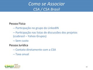 Como	
  se	
  Associar	
  
                           CSA	
  /	
  CSA	
  Brasil	
  


Pessoa	
  Física	
  
   – 	
  ParMcipação	
  no	
  grupo	
  do	
  LinkedIN	
  
   – 	
  ParMcipação	
  nas	
  listas	
  de	
  discussões	
  dos	
  projetos	
  
   (csabrasil	
  –	
  Yahoo	
  Grupos)	
  
   – 	
  Sem	
  custo	
  
Pessoa	
  Jurídica	
  
   – 	
  Contato	
  diretamente	
  com	
  a	
  CSA	
  
   – 	
  Taxa	
  anual	
  


                                                                                   44	
  
 