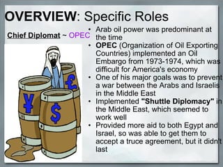 Chief Diplomat  ~  OPEC Arab oil power was predominant at the time   OPEC  (Organization of Oil Exporting Countries) implemented an Oil Embargo from 1973-1974, which was difficult for America's economy  One of his major goals was to prevent a war between the Arabs and Israelis in the Middle East  Implemented  "Shuttle Diplomacy"  in the Middle East, which seemed to work well  Provided more aid to both Egypt and Israel, so was able to get them to accept a truce agreement, but it didn't last OVERVIEW : Specific Roles 