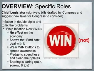 OVERVIEW : Specific Roles (not) Inflation in double digits and to fix the problems: Whip Inflation Now (WIN) No effect  on the economy Shows that Ford can't deal with it Wear WIN Buttons to spread awareness Pledge to spend less and clean their plates Sharing is caring (pain, sorrow, & joy) Chief Legislator  (sign/veto bills drafted by Congress and suggest new laws for Congress to consider) 