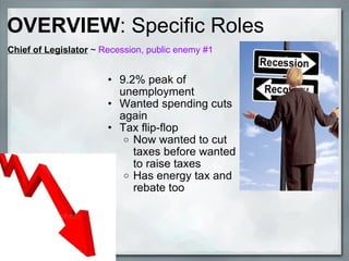 9.2% peak of unemployment Wanted spending cuts again Tax flip-flop Now wanted to cut taxes before wanted to raise taxes Has energy tax and rebate too OVERVIEW : Specific Roles Chief of Legislator  ~  Recession, public enemy #1 