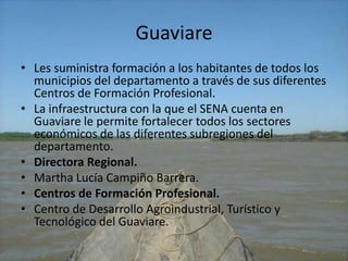 GuaviareLes suministra formación a los habitantes de todos los municipios del departamento a través de sus diferentes Centros de Formación Profesional. La infraestructura con la que el SENA cuenta en Guaviare le permite fortalecer todos los sectores económicos de las diferentes subregiones del departamento. Directora Regional. Martha Lucía Campiño Barrera.Centros de Formación Profesional.Centro de Desarrollo Agroindustrial, Turístico y Tecnológico del Guaviare.