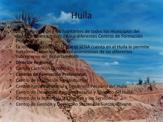 HuilaBrinda formación a los habitantes de todos los municipios del departamento a través de sus diferentes Centros de Formación Profesional. La infraestructura con la que el SENA cuenta en el Huila le permite fortalecer todos los sectores económicos de las diferentes subregiones del departamento. Director Regional.Camilo Castrillón Quintero.Centros de Formación Profesional.Centro de Formación Agroindustrial .Centro Agroempresarial y Desarrollo Pecuario del Huila .Centro de Desarrollo Agroempresarial y Turístico del Huila. Centro de la Industria, la Empresa y los Servicios .Centro de Gestión y Desarrollo Sostenible Surcolombiano.