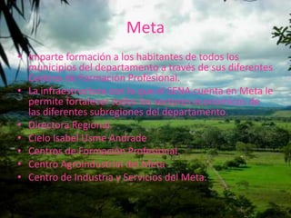 MetaImparte formación a los habitantes de todos los municipios del departamento a través de sus diferentes Centros de Formación Profesional. La infraestructura con la que el SENA cuenta en Meta le permite fortalecer todos los sectores económicos de las diferentes subregiones del departamento. Directora Regional.Cielo Isabel Usme Andrade Centros de Formación Profesional.Centro Agroindustrial del Meta .Centro de Industria y Servicios del Meta.