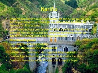 NariñoImparte formación a los habitantes de todos los municipios del departamento a través de sus diferentes Centros de Formación Profesional. La infraestructura con la que el SENA cuenta en Nariño le permite fortalecer todos los sectores económicos de las diferentes subregiones del departamento. Directora RegionalSara Ángela Arturo GonzálezCentros de Formación ProfesionalCentro Surcolombiano de Logística Internacional Centro Agroindustrial y Pesquero de la Costa Pacífica Centro Internacional de Producción Limpia - Lope
