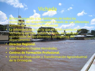 VichadaBrinda formación a los habitantes de todos los municipios del departamento a través de sus diferentes Centros de Formación Profesional. La infraestructura con la que el SENA cuenta en el Vichada le permite fortalecer todos los sectores económicos de las diferentes subregiones del departamento. Director Regional.José Norberto Ospina Hernández.Centros de Formación Profesional.Centro de Producción y Transformación Agroindustrial de la Orinoquía.