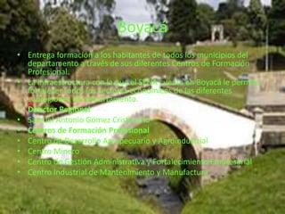 BoyacáEntrega formación a los habitantes de todos los municipios del departamento a través de sus diferentes Centros de Formación Profesional. La infraestructura con la que el SENA cuenta en Boyacá le permite fortalecer todos los sectores económicos de las diferentes subregiones del departamento.Director RegionalSamuel Antonio Gómez CristanchoCentros de Formación ProfesionalCentro de Desarrollo Agropecuario y Agroindustrial Centro Minero Centro de Gestión Administrativa y Fortalecimiento Empresarial Centro Industrial de Mantenimiento y Manufactura