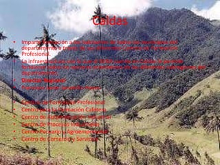 CaldasImparte formación a los habitantes de todos los municipios del departamento a través de sus diferentes Centros de Formación Profesional. La infraestructura con la que el SENA cuenta en Caldas le permite fortalecer todos los sectores económicos de las diferentes subregiones del departamento. Director RegionalFrancisco Javier Jaramillo HoyosCentros de Formación ProfesionalCentro para la Formación Cafetera Centro de Automatización Industrial Centro de Procesos Industriales Centro Pecuario y AgroempresarialCentro de Comercio y Servicios