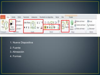 4. Formas
2. Fuente
3. Alineación
1. Nueva Diapositiva
 