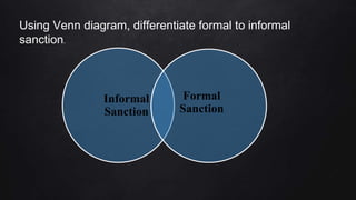 Informal
Sanction
Formal
Sanction
Using Venn diagram, differentiate formal to informal
sanction.
 