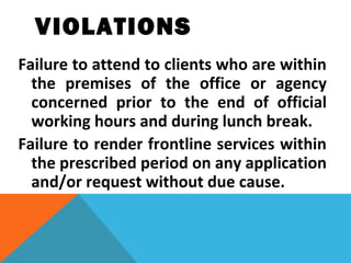 VIOLATIONS
Failure to attend to clients who are within
the premises of the office or agency
concerned prior to the end of official
working hours and during lunch break.
Failure to render frontline services within
the prescribed period on any application
and/or request without due cause.
 