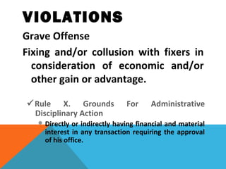 VIOLATIONS
Grave Offense
Fixing and/or collusion with fixers in
consideration of economic and/or
other gain or advantage.
Rule X. Grounds For Administrative
Disciplinary Action
 Directly or indirectly having financial and material
interest in any transaction requiring the approval
of his office.
 