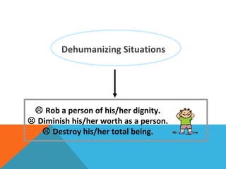 Dehumanizing Situations
 Rob a person of his/her dignity.
 Diminish his/her worth as a person.
 Destroy his/her total being.
 