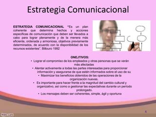 Estrategia Comunicacional
ESTRATEGIA COMUNICACIONAL “Es un plan
coherente que determina hechos y acciones
especificas de c...