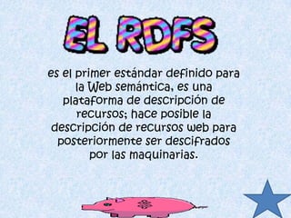es el primer estándar definido para
la Web semántica, es una
plataforma de descripción de
recursos; hace posible la
descripción de recursos web para
posteriormente ser descifrados
por las maquinarias.
 