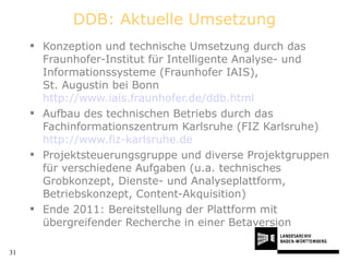DDB: Aktuelle Umsetzung <ul><li>Konzeption und technische Umsetzung durch das Fraunhofer-Institut für Intelligente Analyse...