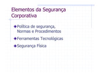 Elementos da Segurança
Corporativa
Política de segurança,
Normas e Procedimentos
Ferramentas Tecnológicas
Segurança Física
 