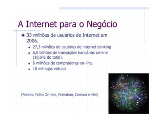 33 milhões de usuários de Internet em
2006.
27,3 milhões de usuários de internet banking
6,0 bilhões de transações bancárias on-line
(18,0% do total).
6 milhões de compradores on-line.
10 mil lojas virtuais
(Fontes: Folha On-line, Febraban, Camara e-Net)
A Internet para o Negócio
 