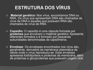 ESTRUTURA DOS VÍRUS
 Material genético: Nos vírus, encontramos DNA ou
RNA. Os vírus que apresentam DNA são chamados de
vírus de DNA e aqueles que possuem RNA são
chamados de vírus de RNA.
 Capsídio: O capsídio é uma cápsula formada por
proteínas que envolvem o material genético. Apresenta
diferentes formatos e é formado por pequenas
subunidades denominadas de capsômeros.
 Envelope: Os envelopes encontrados nos vírus são,
geralmente, derivados da membrana plasmática da
célula onde o vírus reproduziu-se. Esse envelope
apresenta fosfolipídeos e proteínas da membrana, além
de proteínas e glicoproteínas que possuem origem viral.
 