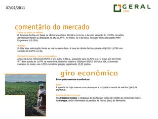 Índice da bolsa de valores:O Ibovespa fechou em baixana últimasexta-feira. O índice encerrou o dia com variação de -2,24%. As ações da Redecard foram os destaques de alta (3,94%) no índice. Já o de baixa, ficou por conta dos papéis MRV Engenharia (-5,19%).Moedas:O dólar teve valorização frente ao real na sexta-feira. A taxa de câmbio fechou cotada a R$/US$ 1,6738 com variação de 0,25% no dia.Mercado Financeiro, risco e commodities:A taxa de juros referencial DIxPré 1 ano subiu 0,49p.p., passando para 12,42% a.a. O preço por barril tipo WTI teve queda de 1,67% na sexta-feira, fechando cotado a US$/barril 89,03. O índice VIX, o chamado indicador do medo, caiu 4,55% no último pregão, registrando 15,93 pontos.Principais eventos econômicosBrasil:A agenda de hoje reserva como destaques a produção e venda de veículos (jan) da ANFAVEA.Estados Unidos e Europa:Nos Estados Unidos, o destaque do dia fica por conta do crédito ao consumidor (dez). Na Europa, serãoinformadosospedidos de fábrica (dez) da Alemanha.