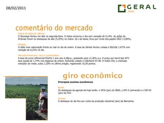 Índice da bolsa de valores:O Ibovespa fechou em alta na segunda-feira. O índice encerrou o dia com variação de 0,14%. As ações da Embraer foram os destaques de alta (5,25%) no índice. Já o de baixa, ficou por conta dos papéis OGX (-3,00%).Moedas:O dólar teve valorização frente ao real no dia de ontem. A taxa de câmbio fechou cotada a R$/US$ 1,6776 com variação de 0,23% no dia.Mercado Financeiro, risco e commodities:A taxa de juros referencial DIxPré 1 ano caiu 0,48p.p., passando para 12,36% a.a. O preço por barril tipo WTI teve queda de 1,74% nos negócios de ontem, fechando cotado a US$/barril 87,48. O índice VIX, o chamado indicador do medo, subiu 2,20% no último pregão, registrando 16,28 pontos.Principais eventos econômicosBrasil:Os destaques da agenda de hoje serão: o IPCA (jan) do IBGE; o IPC-S (semanal) e o IGP-DI (jan) da FGV.Europa:O destaque do dia fica por conta da produção industrial (dez) da Alemanha.