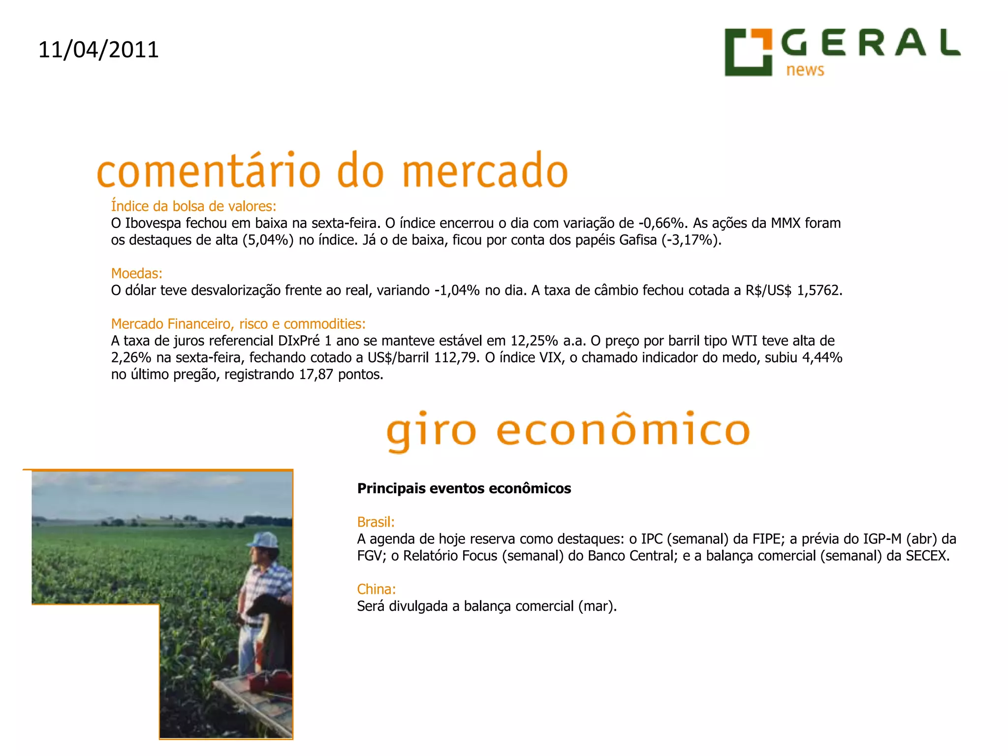 Índice da bolsa de valores:O Ibovespa fechou em baixana sexta-feira. O índice encerrou o dia com variação de -0,66%. As ações da MMX foram os destaques de alta (5,04%) no índice. Já o de baixa, ficou por conta dos papéis Gafisa (-3,17%).Moedas:O dólar teve desvalorização frente ao real, variando -1,04% no dia. A taxa de câmbio fechou cotada a R$/US$ 1,5762.Mercado Financeiro, risco e commodities:A taxa de juros referencial DIxPré 1 ano se manteve estável em 12,25% a.a. O preço por barril tipo WTI teve alta de 2,26% na sexta-feira, fechando cotado a US$/barril 112,79. O índice VIX, o chamado indicador do medo, subiu 4,44% no último pregão, registrando 17,87 pontos.Principais eventos econômicosBrasil:A agenda de hoje reserva como destaques: o IPC (semanal) da FIPE; a prévia do IGP-M (abr) da FGV; o Relatório Focus (semanal) do Banco Central; e a balança comercial (semanal) da SECEX.China:Será divulgada a balança comercial (mar).