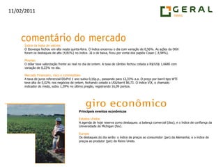 Índice da bolsa de valores:O Ibovespa fechou em altanesta quinta-feira. O índice encerrou o dia com variação de 0,56%. As ações da OGX foram os destaques de alta (4,81%) no índice. Já o de baixa, ficou por conta dos papéis Cosan (-3,94%).Moedas:O dólar teve valorização frente ao real no dia de ontem. A taxa de câmbio fechou cotada a R$/US$ 1,6680 com variação de 0,22% no dia.Mercado Financeiro, risco e commodities:A taxa de juros referencial DIxPré 1 ano subiu 0,16p.p., passando para 12,33% a.a. O preço por barril tipo WTI teve alta de 0,02% nos negócios de ontem, fechando cotado a US$/barril 86,73. O índice VIX, o chamado indicador do medo, subiu 1,39% no último pregão, registrando 16,09 pontos.Principais eventos econômicosEstados Unidos:A agenda de hoje reserva como destaques: a balança comercial (dez); e o índice de confiança da Universidade de Michigan (fev).Europa:Os destaques do dia serão: o índice de preços ao consumidor (jan) da Alemanha; e o índice de preços ao produtor (jan) do Reino Unido.