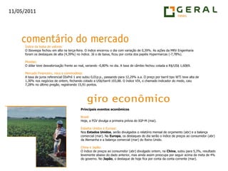 Índice da bolsa de valores:O Ibovespa fechou em alta na terça-feira. O índice encerrou o dia com variação de 0,39%. As ações da MRV Engenharia foram os destaques de alta (4,39%) no índice. Já o de baixa, ficou por conta dos papéis Hypermarcas (-7,78%).Moedas:O dólar teve desvalorização frente ao real, variando -0,80% no dia. A taxa de câmbio fechou cotada a R$/US$ 1,6069.Mercado Financeiro, risco e commodities:A taxa de juros referencial DIxPré 1 ano subiu 0,01p.p., passando para 12,29% a.a. O preço por barril tipo WTI teve alta de 1,30% nos negócios de ontem, fechando cotado a US$/barril 103,88. O índice VIX, o chamado indicador do medo, caiu 7,28% no último pregão, registrando 15,91 pontos.Principais eventos econômicosBrasil:Hoje, a FGV divulga a primeira prévia do IGP-M (mai).Estados Unidos e Europa:Nos Estados Unidos, serão divulgados o relatório mensal de orçamento (abr) e a balança comercial (mar). Na Europa, os destaques do dia serão o índice de preços ao consumidor (abr) da Alemanha e a balança comercial (mar) do Reino Unido.China e Japão:O índice de preços ao consumidor (abr) divulgado ontem, na China, subiu para 5,3%, resultado levemente abaixo do dado anterior, mas ainda assim preocupa por seguir acima da meta de 4% do governo. No Japão, o destaque de hoje fica por conta da conta corrente (mar).