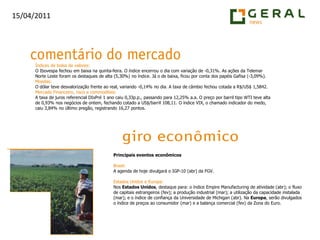 Índices de bolsa de valores:O Ibovespa fechou em baixa na quinta-feira. O índice encerrou o dia com variação de -0,31%. As ações da Telemar Norte Leste foram os destaques de alta (5,30%) no índice. Já o de baixa, ficou por conta dos papéis Gafisa (-3,09%).Moedas:O dólar teve desvalorização frente ao real, variando -0,14% no dia. A taxa de câmbio fechou cotada a R$/US$ 1,5842.Mercado Financeiro, risco e commodities:A taxa de juros referencial DIxPré 1 ano caiu 0,33p.p., passando para 12,25% a.a. O preço por barril tipo WTI teve alta de 0,93% nos negócios de ontem, fechando cotado a US$/barril 108,11. O índice VIX, o chamado indicador do medo, caiu 3,84% no último pregão, registrando 16,27 pontos.Principais eventos econômicosBrasil:A agenda de hoje divulgará o IGP-10 (abr) da FGV.Estados Unidos e Europa:Nos Estados Unidos, destaque para: o índice Empire Manufacturing de atividade (abr); o fluxo de capitais estrangeiros (fev); a produção industrial (mar); a utilização da capacidade instalada (mar); e o índice de confiança da Universidade de Michigan (abr). Na Europa, serão divulgados o índice de preços ao consumidor (mar) e a balança comercial (fev) da Zona do Euro.