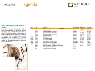FAÇA OPERAÇÕES COM STOCK TRADEQuer ter um assessor técnico para alertá-lo sobre oportunidades do mercado? Sugerir estratégias de investimentos? Executar a compra e venda de ações e derivativos? E ainda: acompanhar suas aplicações e mantê-lo informado sobre as empresas e o mercado de capitais? Com o serviço STOCK TRADE você tem tudo isso e o mais importante: uma relação de confiança e experiência que só a Geral pode oferecer.