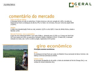 Índice da bolsa de valores:O Ibovespa fechou em alta na sexta-feira. O índice encerrou o dia com variação de 1,00%. As ações da Hypermarcas foram os destaques de alta (6,17%) no índice. Já o de baixa, ficou por conta dos papéis B2W (-6,05%).Moedas:O dólar teve desvalorização frente ao real, variando -0,22% no dia 18/03. A taxa de câmbio fechou cotada a R$/US$ 1,6720.Mercado Financeiro, risco e commodities:A taxa de juros referencial DIxPré 1 ano subiu 0,08p.p., passando para 12,33% a.a. O preço por barril tipo WTI teve queda de 0,35% na sexta-feira, fechando cotado a US$/barril 101,07. O índice VIX, o chamado indicador do medo, caiu 7,32% no último pregão, registrando 24,44 pontos.Principais eventos econômicosBrasil:Os destaques de hoje ficam por conta: do Relatório Focus (semanal) do Banco Central; e da balança comercial (semanal) da SECEX.Estados Unidos:As principais divulgações do dia serão: o índice de atividade do Fed de Chicago (fev); e as vendas de imóveis existentes (fev).