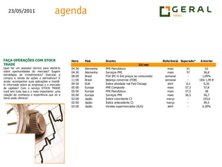 FAÇA OPERAÇÕES COM STOCK TRADEQuer ter um assessor técnico para alertá-lo sobre oportunidades do mercado? Sugerir estratégias de investimentos? Executar a compra e venda de ações e derivativos? E ainda: acompanhar suas aplicações e mantê-lo informado sobre as empresas e o mercado de capitais? Com o serviço STOCK TRADE você tem tudo isso e o mais importante: uma relação de confiança e experiência que só a Geral pode oferecer.
