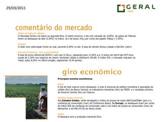 Índice da bolsa de valores:O Ibovespa fechou em baixana segunda-feira. O índice encerrou o dia com variação de -0,85%. As ações da Telemar foram os destaques de alta (5,39%) no índice. Já o de baixa, ficou por conta dos papéis Telesp (-7,35%).Moedas:O dólar teve valorização frente ao real, variando 0,20% no dia. A taxa de câmbio fechou cotada a R$/US$ 1,6614.Mercado Financeiro, risco e commodities:A taxa de juros referencial DIxPré 1 ano caiu 0,33p.p., passando para 12,20% a.a. O preço por barril tipo WTI teve queda de 1,35% nos negócios de ontem, fechando cotado a US$/barril 103,98. O índice VIX, o chamado indicador do medo, subiu 8,54% no último pregão, registrando 19,44 pontos.Principais eventos econômicosBrasil:O dia de hoje reserva como destaques: a nota à imprensa de política monetária e operações de crédito (fev) do Banco Central; os indicadores industriais (fev) da FIESP; e o resultado primário do Governo Central (fev) do Tesouro.Estados Unidos e Europa:Nos Estados Unidos, serão divulgados o índice de preços de casas S&P/CaseShiller (jan) e a confiança do consumidor (mar) do ConferenceBoard. Na Europa, os destaques ficam por conta: do índice GFK de confiança do consumidor (abr) e do índice de preços ao consumidor (mar) da Alemanha; e do PIB (4T10) do Reino Unido.Japão:O destaque será a produção industrial (fev).
