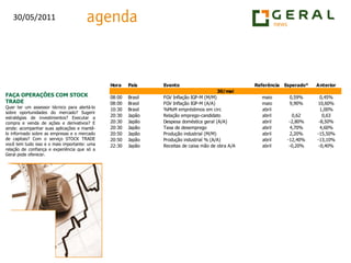 FAÇA OPERAÇÕES COM STOCK TRADEQuer ter um assessor técnico para alertá-lo sobre oportunidades do mercado? Sugerir estratégias de investimentos? Executar a compra e venda de ações e derivativos? E ainda: acompanhar suas aplicações e mantê-lo informado sobre as empresas e o mercado de capitais? Com o serviço STOCK TRADE você tem tudo isso e o mais importante: uma relação de confiança e experiência que só a Geral pode oferecer.