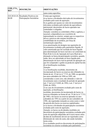 COD_CTA_
         DESCRIÇÃO                         ORIENTAÇÕES
REF
                                           outra conta específica.
4.01.05.01.01. Resultados Positivos em     Contas que registram:
06.00          Participações Societárias   a) os lucros e dividendos derivados de investimentos
                                           avaliados pelo custo de aquisição;
                                           b) os ganhos por ajustes no valor de investimentos
                                           relevantes avaliados pelo método da equivalência
                                           patrimonial, decorrentes de lucros apurados nas
                                           controladas e coligadas;
                                           Atenção: considera-se controlada a filial, a agência, a
                                           sucursal, a dependência ou o escritório de
                                           representação no exterior, sempre que os respectivos
                                           ativos e passivos não estejam incluídos na
                                           contabilidade da investidora, por força de
                                           normatização específica.
                                           c) as amortizações de deságios nas aquisições de
                                           investimentos avaliados pelo patrimônio líquido. O
                                           valor amortizado que for excluído do lucro líquido
                                           para determinação do lucro real deve ser controlado na
                                           Parte B do Livro de Apuração do Lucro Real até a
                                           alienação ou baixa da participação societária, quando,
                                           então, deve ser adicionado ao lucro líquido para
                                           determinação do lucro real no período de apuração em
                                           que for computado o ganho ou perda de capital havido.
                                           d) as bonificações recebidas;
                                           Atenção:
                                           1) as bonificações recebidas, decorrentes da
                                           incorporação de lucros ou reservas não tributados na
                                           forma do art. 35 da Lei no 7.713, de 1988, ou apurados
                                           nos anos-calendário de 1994 ou 1995, são
                                           consideradas a custo zero, não afetando o valor do
                                           investimento nem o resultado do período de apuração
                                           (art. 3o da Lei no 8.849, de 1994, e art. 3o da Lei no
                                           9.064, de 1995);
                                           2) no caso de investimento avaliado pelo custo de
                                           aquisição, as bonificações
                                           recebidas, decorrentes da incorporação de lucros ou
                                           reservas tributados na forma do art. 35 da Lei no 7.713,
                                           de 1988, e de lucros ou reservas apurados no ano-
                                           calendário de 1993 ou a partir do ano-calendário de
                                           1996, são registradas tomando-se como custo o valor
                                           da parcela dos lucros ou reservas capitalizados.
                                           e) os lucros e dividendos de participações societárias
                                           avaliadas pelo custo de aquisição;
                                           Atenção: os lucros ou dividendos recebidos em
                                           decorrência de participações societárias avaliadas pelo
                                           custo de aquisição adquiridas até 6 (seis) meses antes
                                           da data do recebimento devem ser registrados como
                                           diminuição do valor do custo, não sendo incluídos
                                           nesta conta.
                                           f) os resultados positivos decorrentes de participações
                                           societárias no exterior avaliadas pelo patrimônio
 