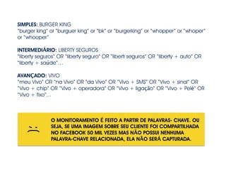SIMPLES: BURGER KING
“burger king” or “burguer king” or “bk” or “burgerking” or “whopper” or “whoper”
or “whooper”
!
INTERMEDIÁRIO: LIBERTY SEGUROS
“liberty seguros” OR “liberty seguro” OR “liberti seguros” OR “liberty + auto” OR
“liberty + saúde”…
!
AVANÇADO: VIVO
“meu Vivo” OR “na Vivo” OR “da Vivo” OR “Vivo + SMS” OR “Vivo + sinal” OR
“Vivo + chip” OR “Vivo + operadora” OR “Vivo + ligação” OR “Vivo + Pelé” OR
“Vivo + fixo”...
O MONITORAMENTO É FEITO A PARTIR DE PALAVRAS- CHAVE. OU
SEJA, SE UMA IMAGEM SOBRE SEU CLIENTE FOI COMPARTILHADA
NO FACEBOOK 50 MIL VEZES MAS NÃO POSSUI NENHUMA
PALAVRA-CHAVE RELACIONADA, ELA NÃO SERÁ CAPTURADA.
;(
 