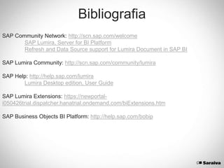 Bibliografia
SAP Community Network: http://scn.sap.com/welcome
SAP Lumira, Server for BI Platform
Refresh and Data Source support for Lumira Document in SAP BI
SAP Lumira Community: http://scn.sap.com/community/lumira
SAP Help: http://help.sap.com/lumira
Lumira Desktop edition, User Guide
SAP Lumira Extensions: https://newportal-
i050426trial.dispatcher.hanatrial.ondemand.com/biExtensions.htm
SAP Business Objects BI Platform: http://help.sap.com/bobip
 