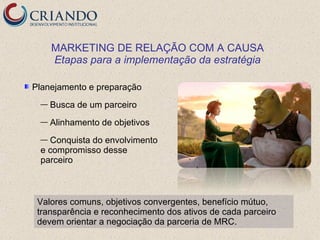 MARKETING DE RELAÇÃO COM A CAUSA
     Etapas para a implementação da estratégia

Planejamento e preparação
 —   Busca de um parceiro
 —   Alinhamento de objetivos
 — Conquista do envolvimento
 e compromisso desse
 parceiro



 Valores comuns, objetivos convergentes, benefício mútuo,
 transparência e reconhecimento dos ativos de cada parceiro
 devem orientar a negociação da parceria de MRC.
 