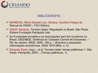 BIBLIOGRAFIA
 BARBOSA, Maria Nazaré Lins; Oliveira, Carolina Felippe de.
  Manual de ONGS – FGV Editora.
 SZAZI, Eduardo. Terceiro Setor: Regulação no Brasil. São Paulo:
  Editora Fundação Peirópolis Ltda.
 As Fundações privadas e as associações sem fins lucrativos no
  Brasil: 2002/IBGE, Gerência do Cadastro Central de Empresas. –
  Rio de Janeiro: IBGE, 2004. 148 p. – (Estudos e pesquisas.
  Informações econômicas, ISSN 1679-480x; n. 4).
 Eduardo Szazi, (org.)., et al. Terceiro setor: temas polêmicos 1. São
  Paulo: Peirópolis, 2004 – (Temas polêmicos; 1).
 