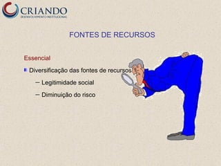 FONTES DE RECURSOS


Essencial
 Diversificação das fontes de recursos
   —   Legitimidade social
   —   Diminuição do risco
 