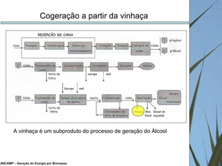 UNICAMP – Geração de Energia por Biomassa Cogeração a partir da vinhaça A vinhaça é um subproduto do processo de geração do Álcool 
